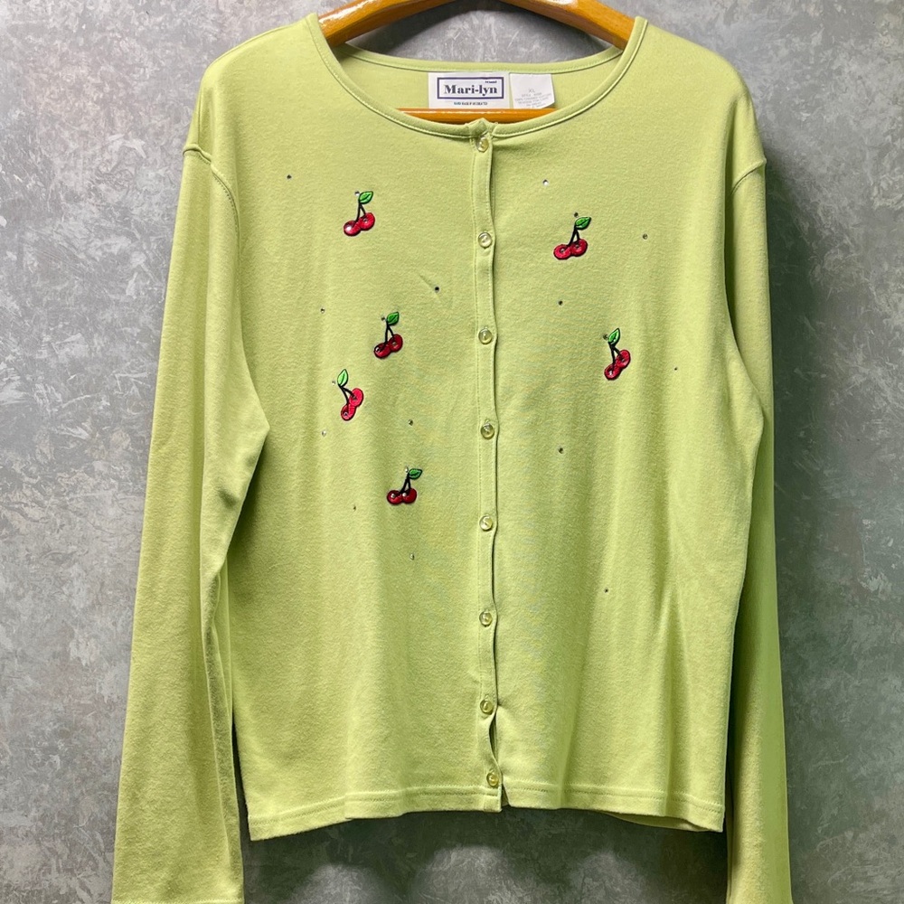 Mari-lyn Lime Green Button-Up Cherry Cardigan Rhinestones and Cherries Motif